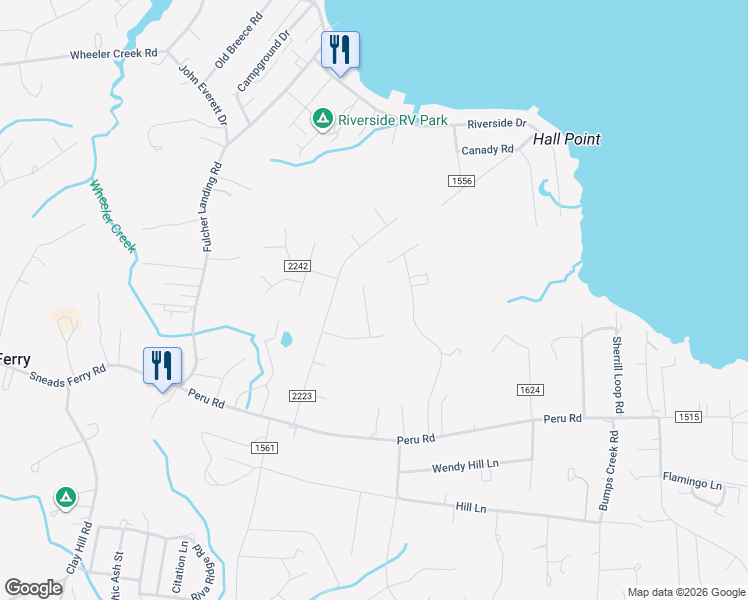 map of restaurants, bars, coffee shops, grocery stores, and more near 114 Knotts Court in Sneads Ferry