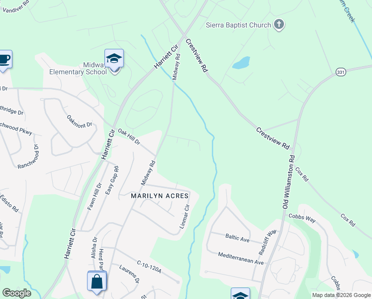 map of restaurants, bars, coffee shops, grocery stores, and more near 25 Ravencrest Drive in Anderson