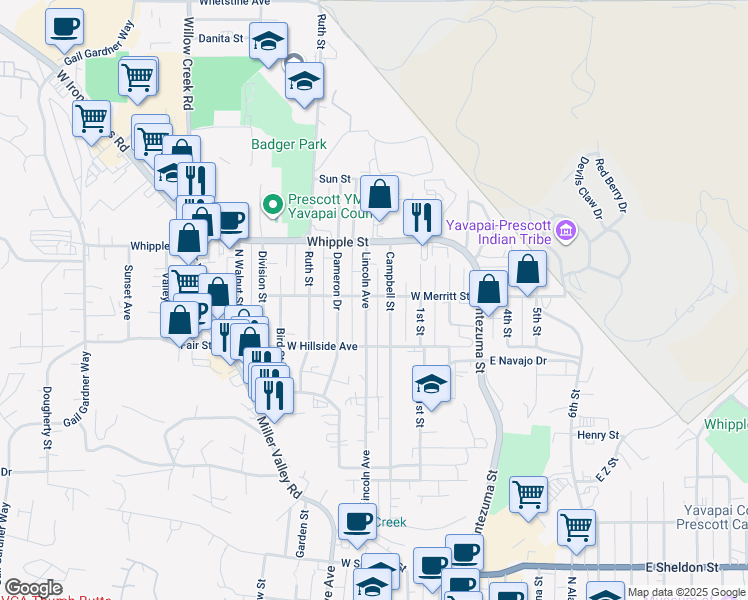 map of restaurants, bars, coffee shops, grocery stores, and more near 821 Lincoln Avenue in Prescott