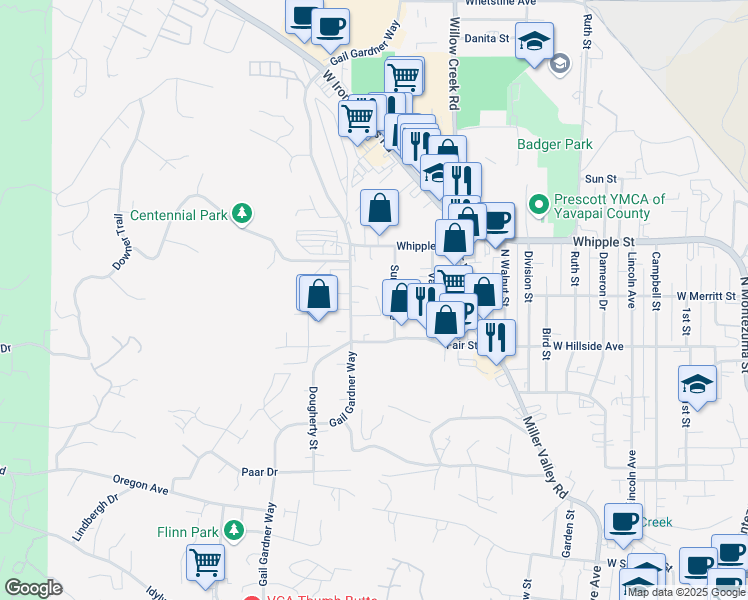 map of restaurants, bars, coffee shops, grocery stores, and more near 828 Sunset Avenue in Prescott