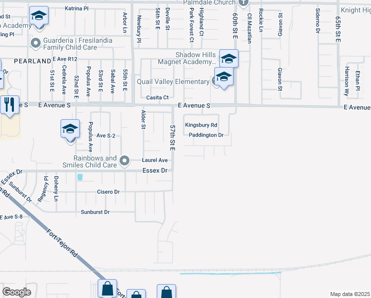 map of restaurants, bars, coffee shops, grocery stores, and more near 5703 Paddington Drive in Palmdale