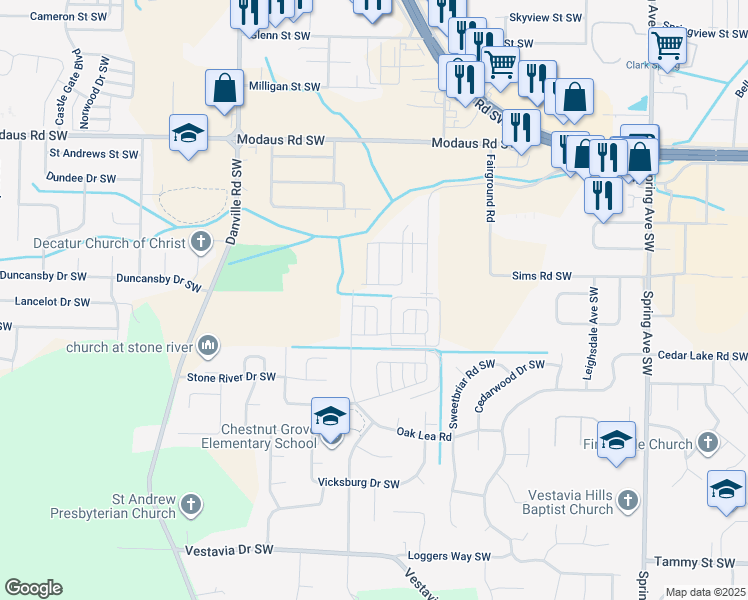 map of restaurants, bars, coffee shops, grocery stores, and more near 1540 Fieldstone Circle Southwest in Decatur