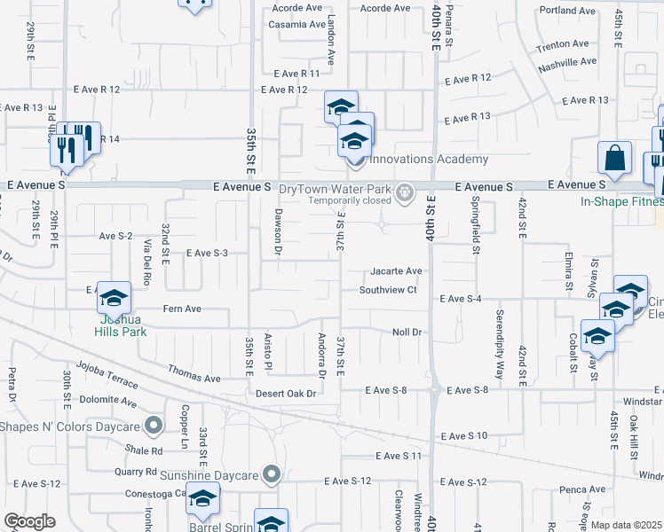 map of restaurants, bars, coffee shops, grocery stores, and more near 3654 San Antonio Drive in Palmdale