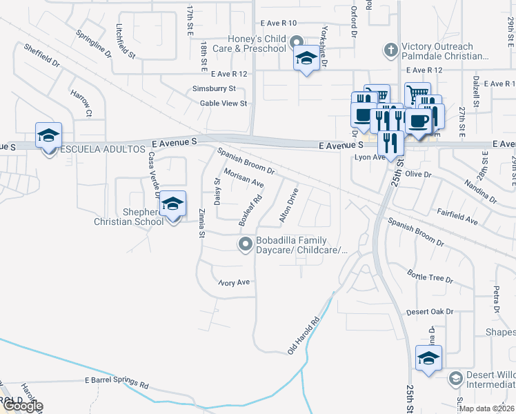 map of restaurants, bars, coffee shops, grocery stores, and more near 37065 Boxleaf Road in Palmdale