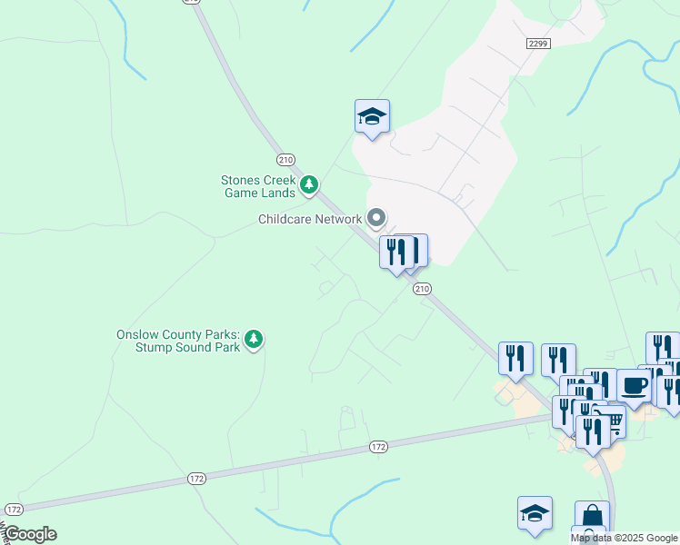 map of restaurants, bars, coffee shops, grocery stores, and more near 130 Creeks Edge Drive in Sneads Ferry