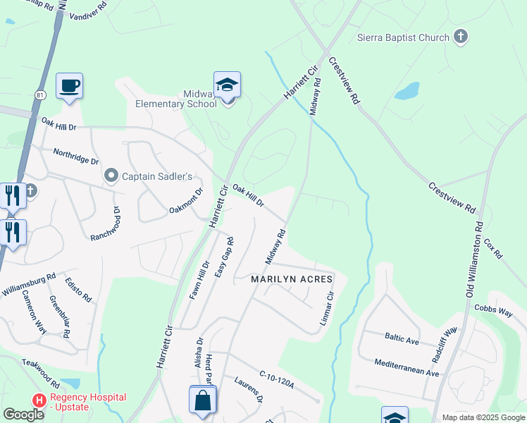 map of restaurants, bars, coffee shops, grocery stores, and more near 1419A Oak Hill Drive in Anderson