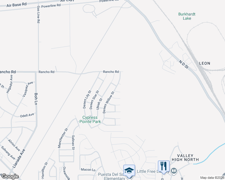 map of restaurants, bars, coffee shops, grocery stores, and more near 16818 Desert Willow Street in Victorville