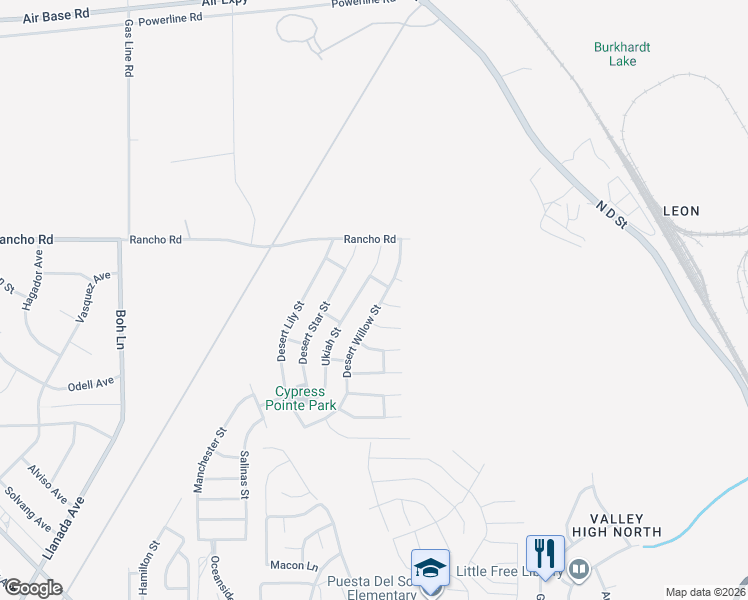 map of restaurants, bars, coffee shops, grocery stores, and more near 16818 Desert Willow Street in Victorville