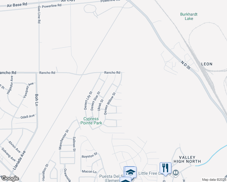 map of restaurants, bars, coffee shops, grocery stores, and more near 16818 Desert Willow Street in Victorville