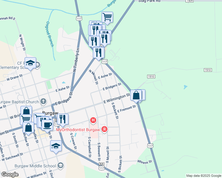 map of restaurants, bars, coffee shops, grocery stores, and more near 112 North Bickett Street in Burgaw