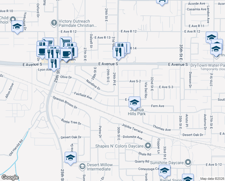 map of restaurants, bars, coffee shops, grocery stores, and more near 37039 29th Place East in Palmdale
