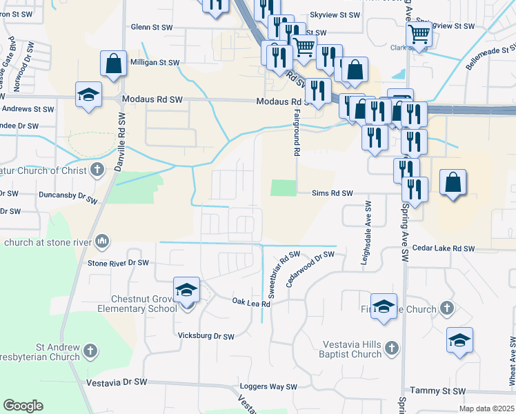 map of restaurants, bars, coffee shops, grocery stores, and more near 2916 Wimberly Drive Southwest in Decatur