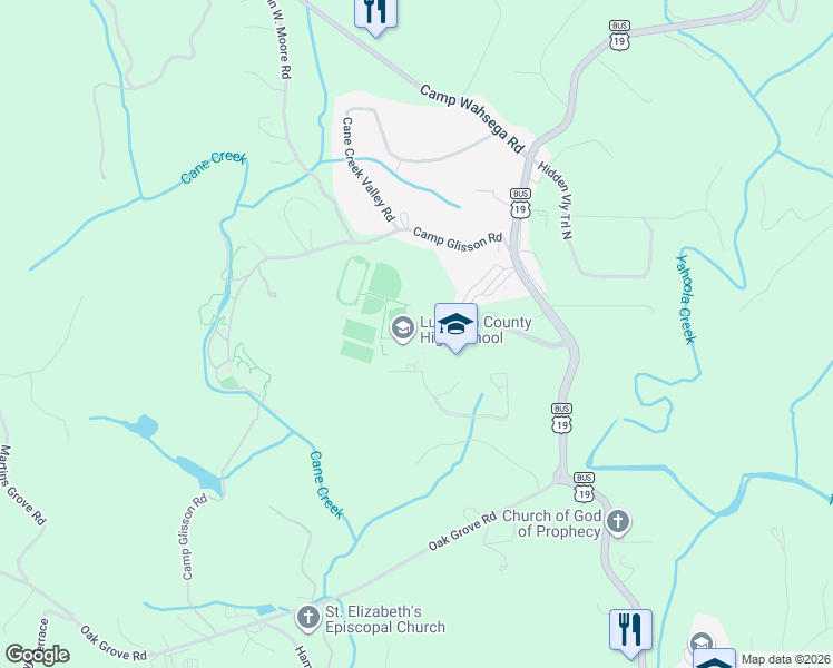map of restaurants, bars, coffee shops, grocery stores, and more near 2001 Indian Drive in Dahlonega