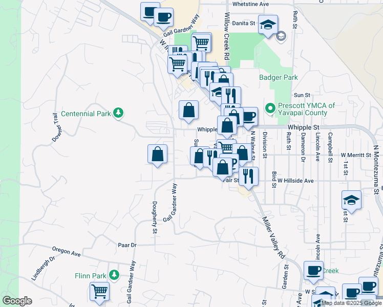 map of restaurants, bars, coffee shops, grocery stores, and more near 828 Sunset Avenue in Prescott