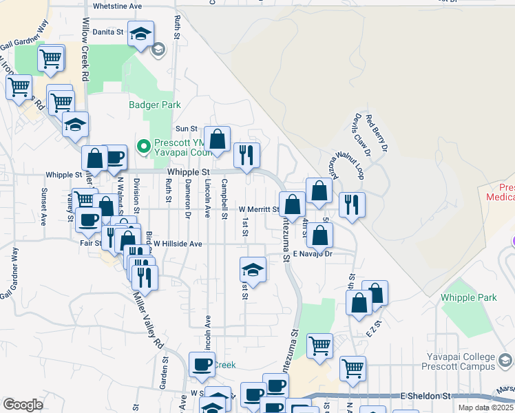 map of restaurants, bars, coffee shops, grocery stores, and more near 802 2nd Street in Prescott