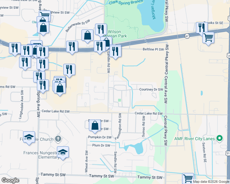 map of restaurants, bars, coffee shops, grocery stores, and more near 429 Courtney Drive Southwest in Decatur