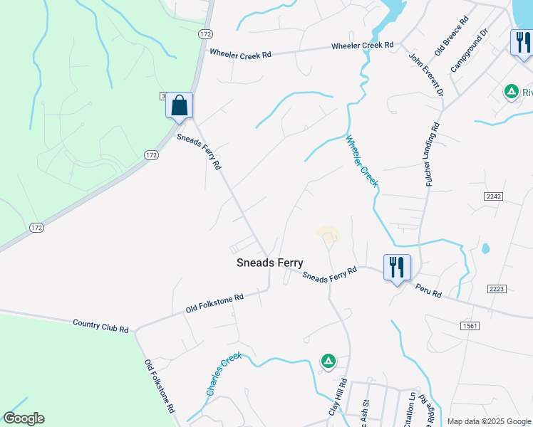 map of restaurants, bars, coffee shops, grocery stores, and more near 191 Sneads Ferry Road in Sneads Ferry
