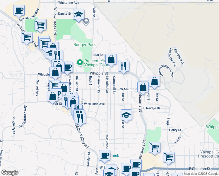 map of restaurants, bars, coffee shops, grocery stores, and more near 821 Lincoln Avenue in Prescott