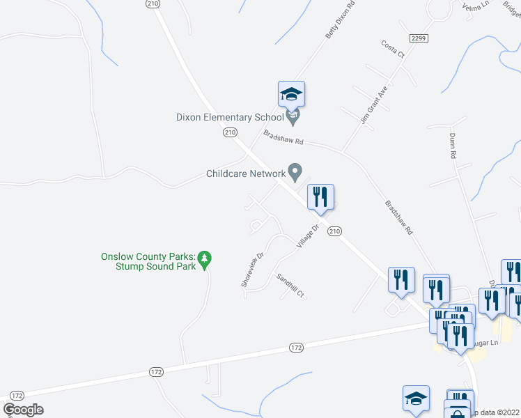 map of restaurants, bars, coffee shops, grocery stores, and more near 311 North Stingray Lane in Sneads Ferry