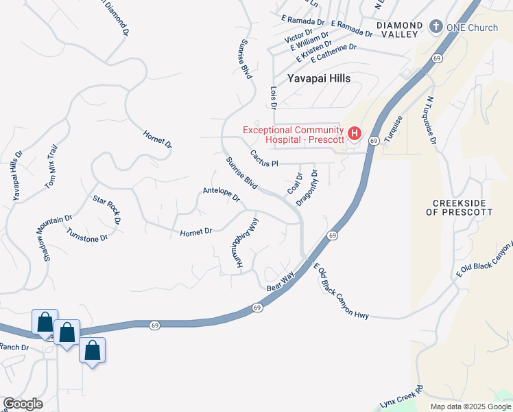 map of restaurants, bars, coffee shops, grocery stores, and more near 4950 Hornet Drive in Prescott