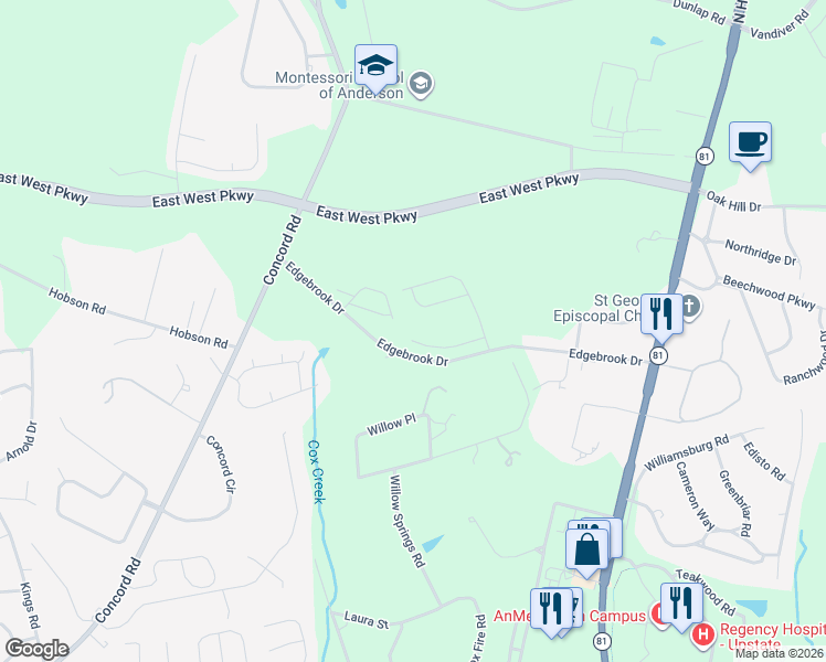 map of restaurants, bars, coffee shops, grocery stores, and more near 313 Wilkes Way in Anderson