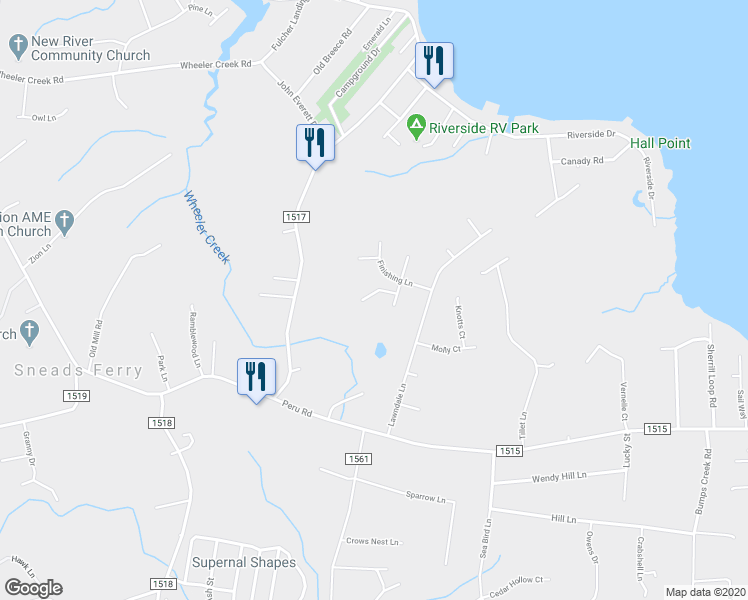 map of restaurants, bars, coffee shops, grocery stores, and more near 503 Hay Baler Court in Sneads Ferry