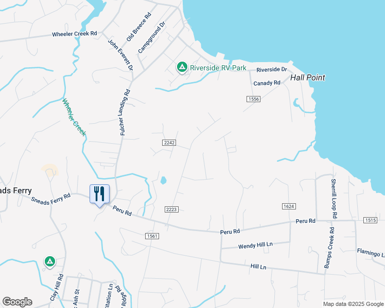 map of restaurants, bars, coffee shops, grocery stores, and more near 124 Lawndale Lane in Sneads Ferry
