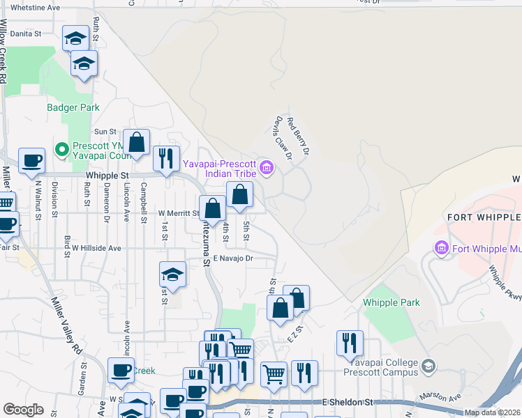 map of restaurants, bars, coffee shops, grocery stores, and more near 823 5th Street in Prescott