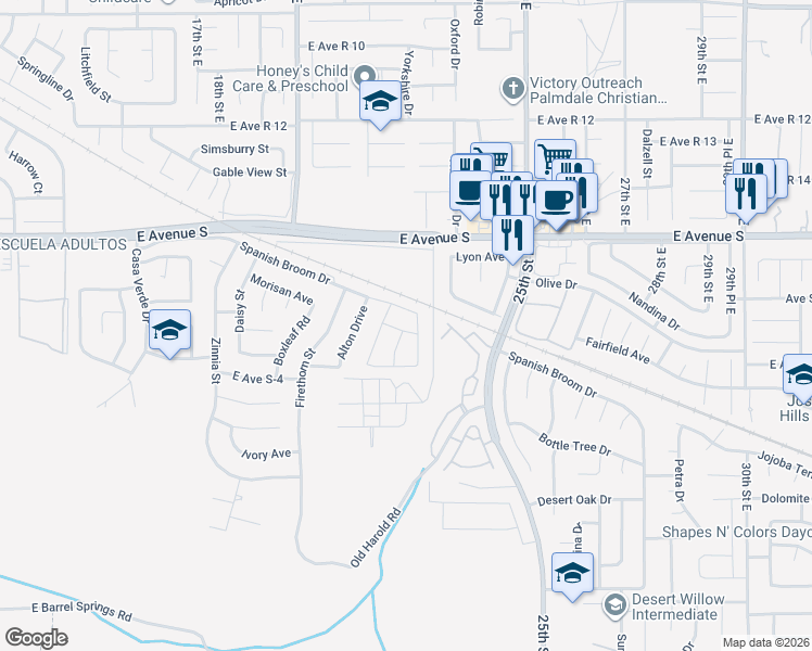 map of restaurants, bars, coffee shops, grocery stores, and more near 2225 Hurley Way in Palmdale