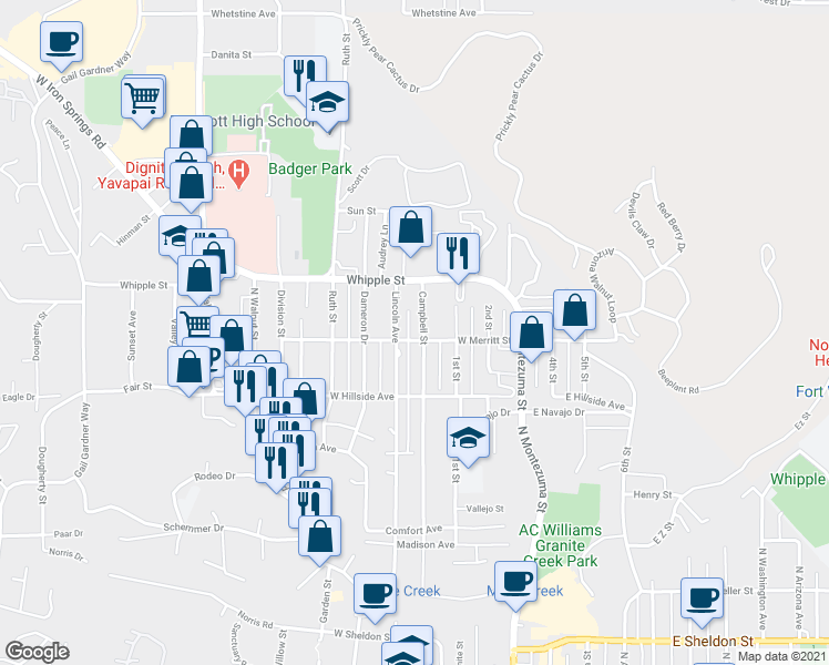 map of restaurants, bars, coffee shops, grocery stores, and more near 821 Lincoln Avenue in Prescott