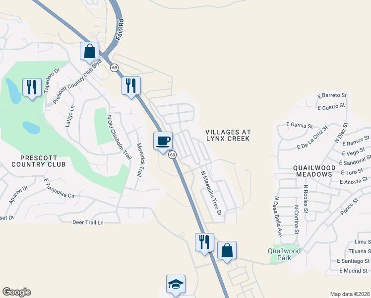 map of restaurants, bars, coffee shops, grocery stores, and more near 890 North Ponderosa Pine Drive in Prescott Valley