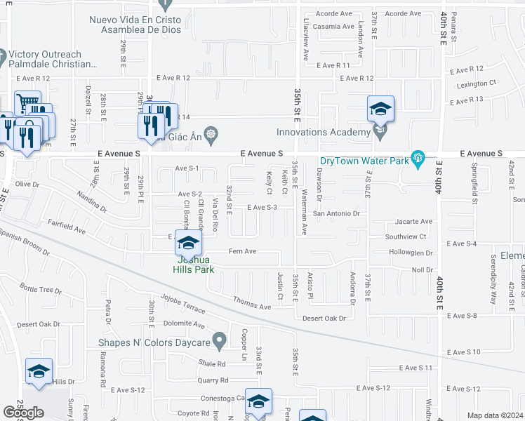 map of restaurants, bars, coffee shops, grocery stores, and more near 37060 33rd Street East in Palmdale