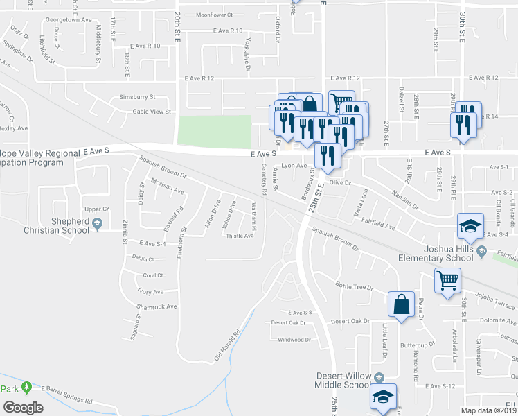map of restaurants, bars, coffee shops, grocery stores, and more near 37152 Waltham Place in Palmdale