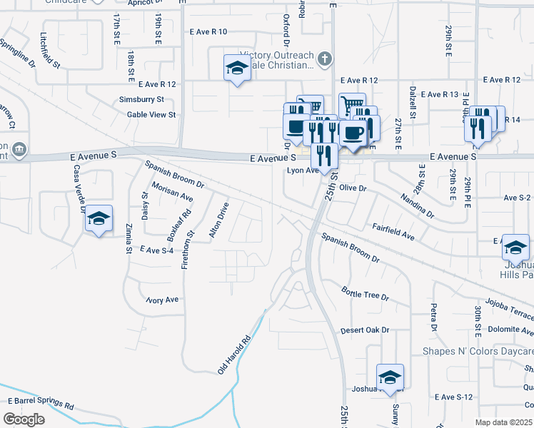 map of restaurants, bars, coffee shops, grocery stores, and more near 37152 Waltham Place in Palmdale