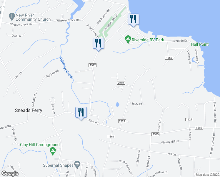 map of restaurants, bars, coffee shops, grocery stores, and more near 510 Hay Baler Court in Sneads Ferry
