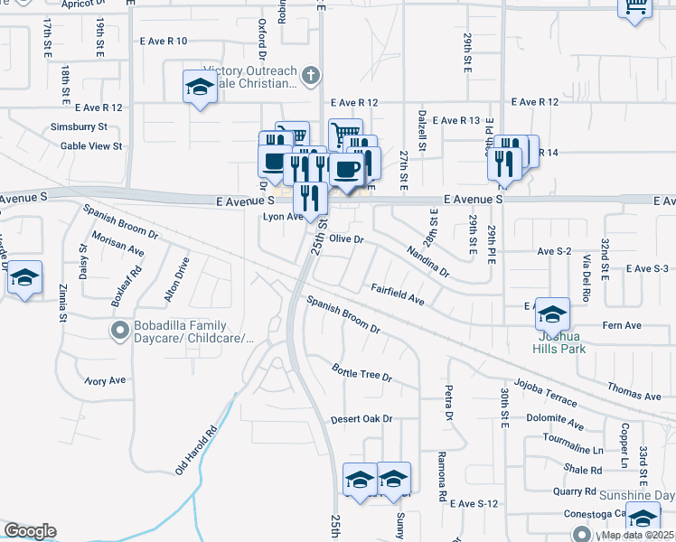 map of restaurants, bars, coffee shops, grocery stores, and more near 2554 Olive Drive in Palmdale
