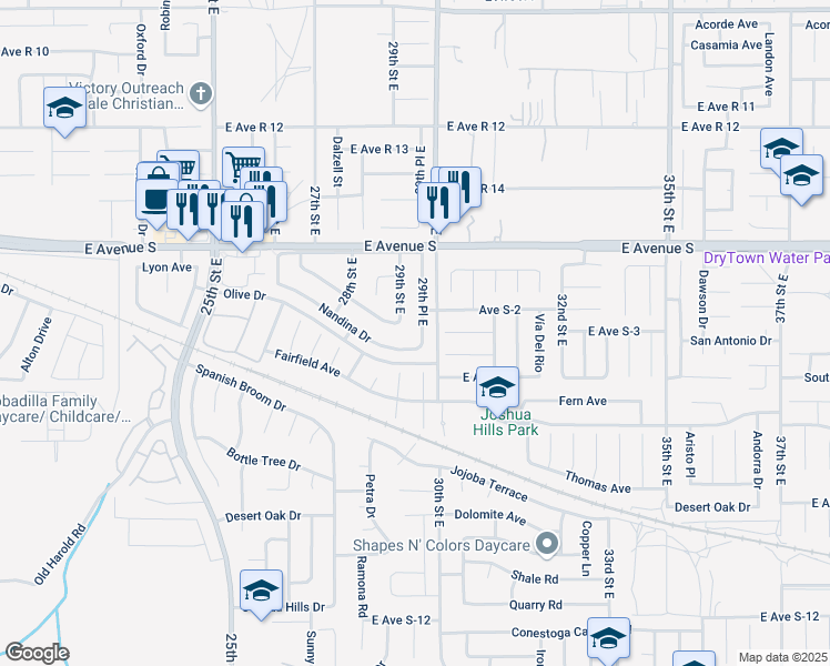 map of restaurants, bars, coffee shops, grocery stores, and more near 37039 29th Place East in Palmdale