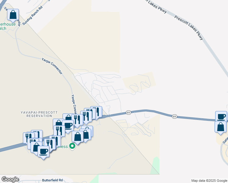 map of restaurants, bars, coffee shops, grocery stores, and more near 2234 River Trail Road in Prescott