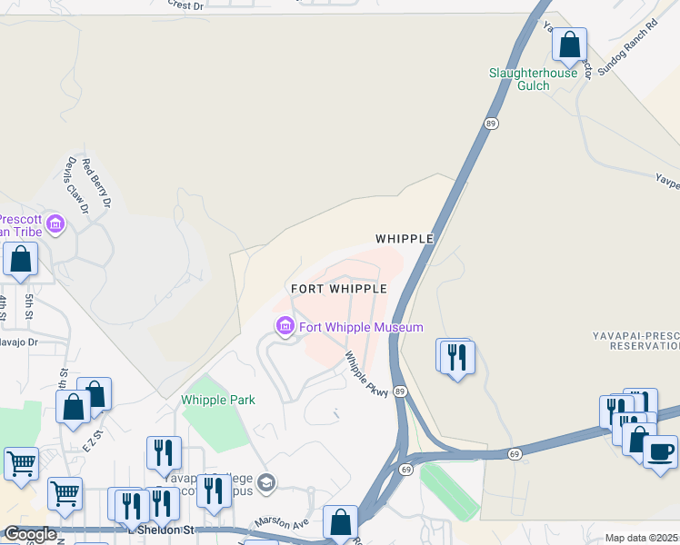 map of restaurants, bars, coffee shops, grocery stores, and more near 500 Highway 89 in Prescott