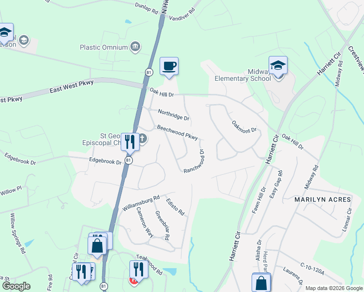 map of restaurants, bars, coffee shops, grocery stores, and more near 3106 Pinehurst Lane in Anderson