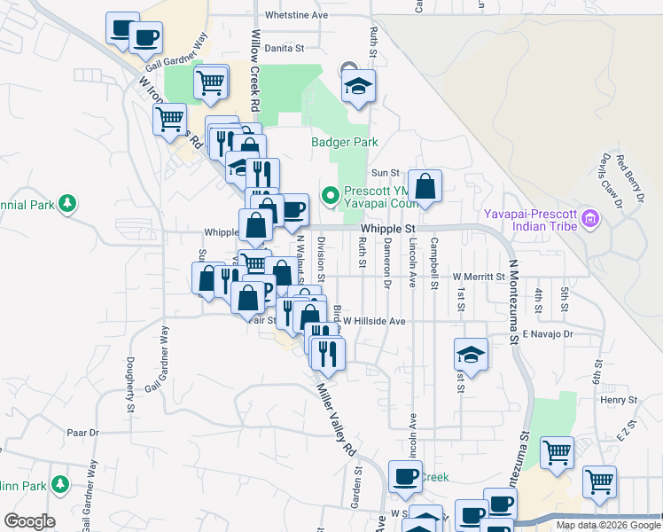 map of restaurants, bars, coffee shops, grocery stores, and more near 807 Division Street in Prescott