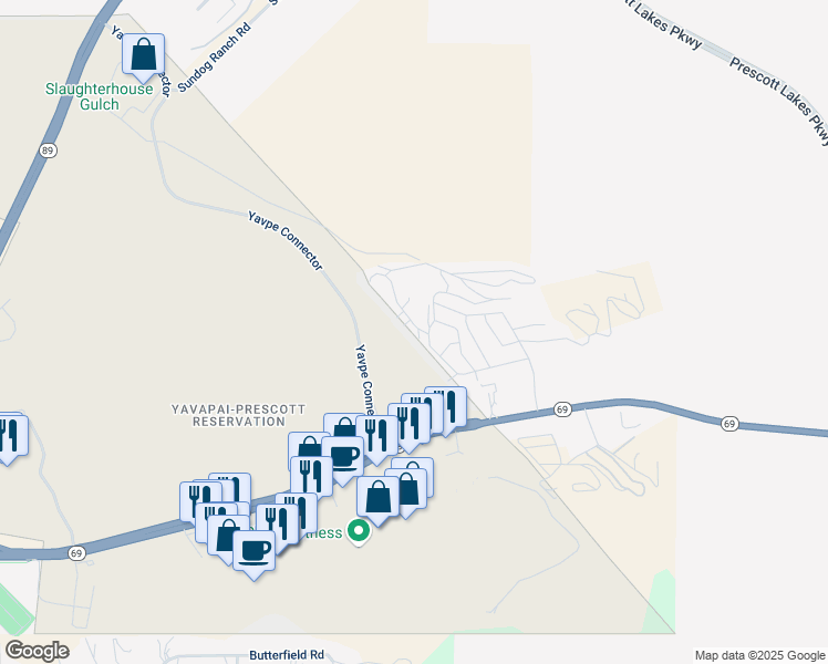 map of restaurants, bars, coffee shops, grocery stores, and more near 1989 Prescott Canyon Circle in Prescott