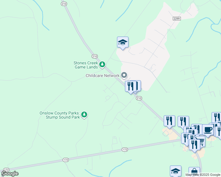 map of restaurants, bars, coffee shops, grocery stores, and more near 301 South Stingray Lane in Sneads Ferry