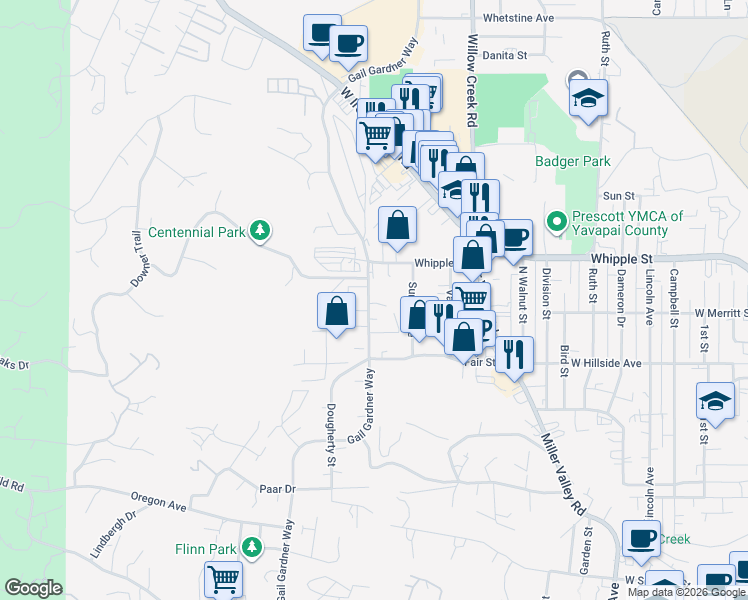 map of restaurants, bars, coffee shops, grocery stores, and more near 791 Gail Gardner Way in Prescott