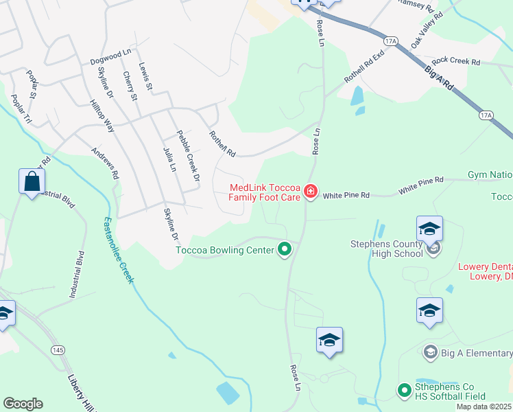 map of restaurants, bars, coffee shops, grocery stores, and more near 362 Cedar Lane in Toccoa