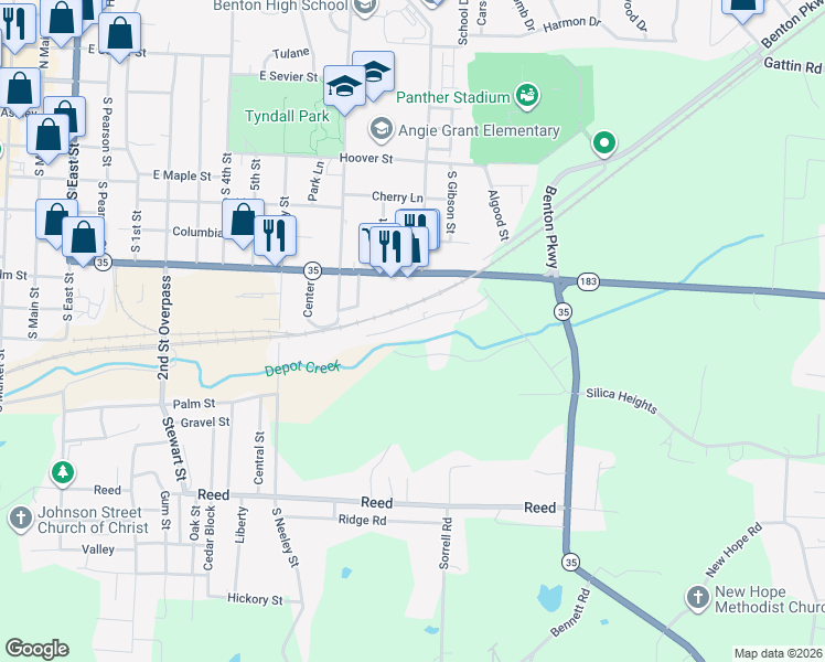map of restaurants, bars, coffee shops, grocery stores, and more near 1305 Gray Street in Benton