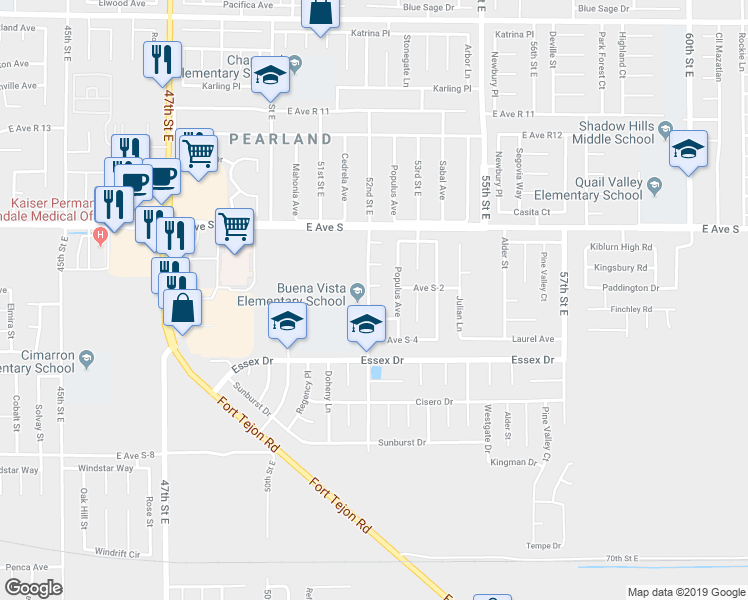 map of restaurants, bars, coffee shops, grocery stores, and more near 5203 Alden Way in Palmdale