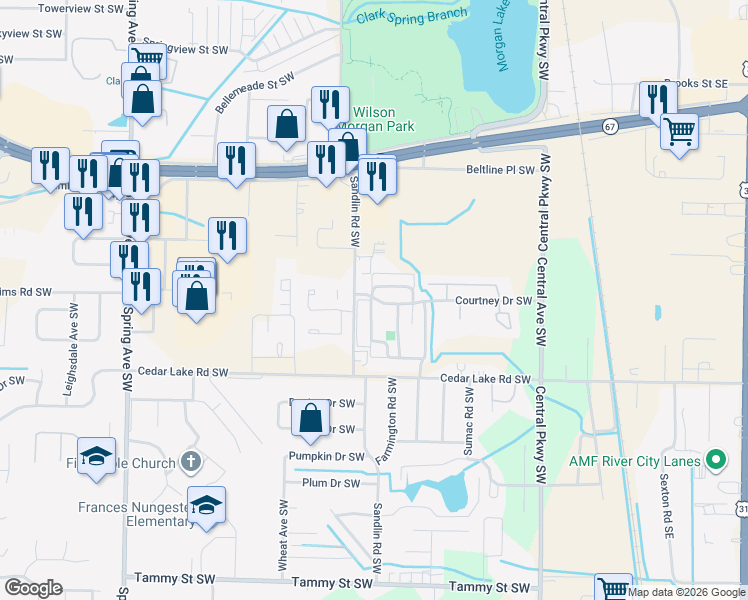 map of restaurants, bars, coffee shops, grocery stores, and more near 429 Courtney Drive Southwest in Decatur