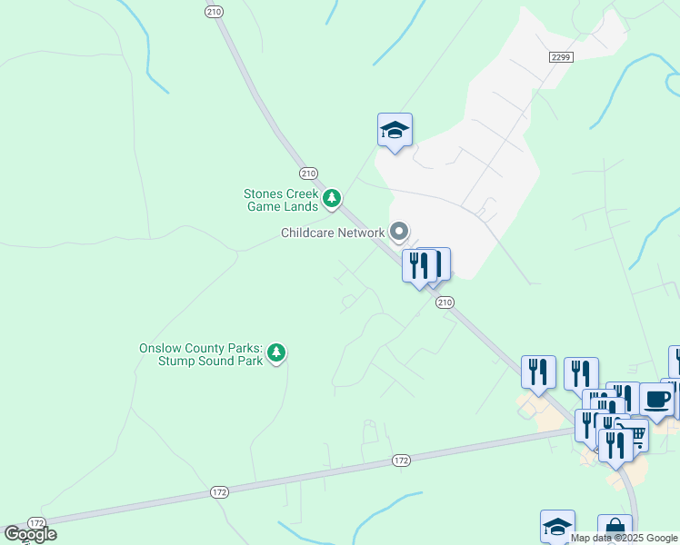 map of restaurants, bars, coffee shops, grocery stores, and more near 502 Stone Crab Lane in Sneads Ferry