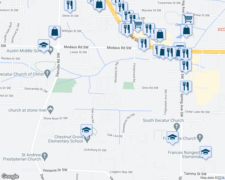 map of restaurants, bars, coffee shops, grocery stores, and more near 2917 Wimberly Drive Southwest in Decatur